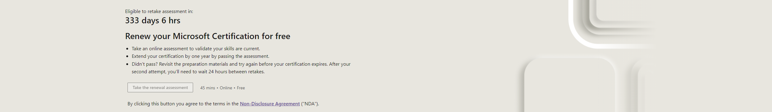 Screenshot from https://learn.microsoft.com/en-us/certifications/azure-solutions-architect/renew/ Countdown in hours
